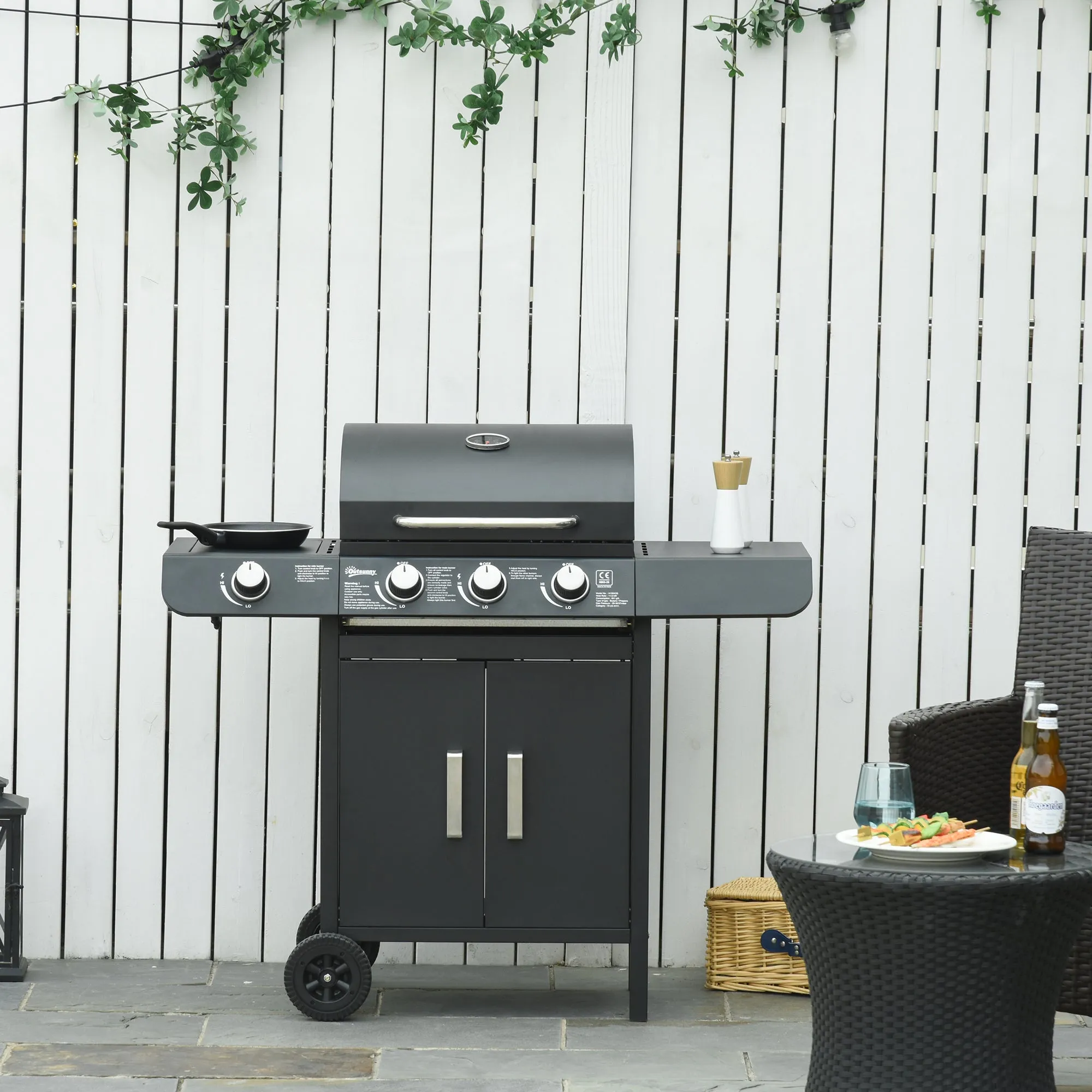 Gas Burner Barbecue Grill 3 1 Burner Garden BBQ Trolley w/ Side Burner Warming Rack Side Shelves Storage Cabinet Piezo Ignition Thermometer 110x50x100cm