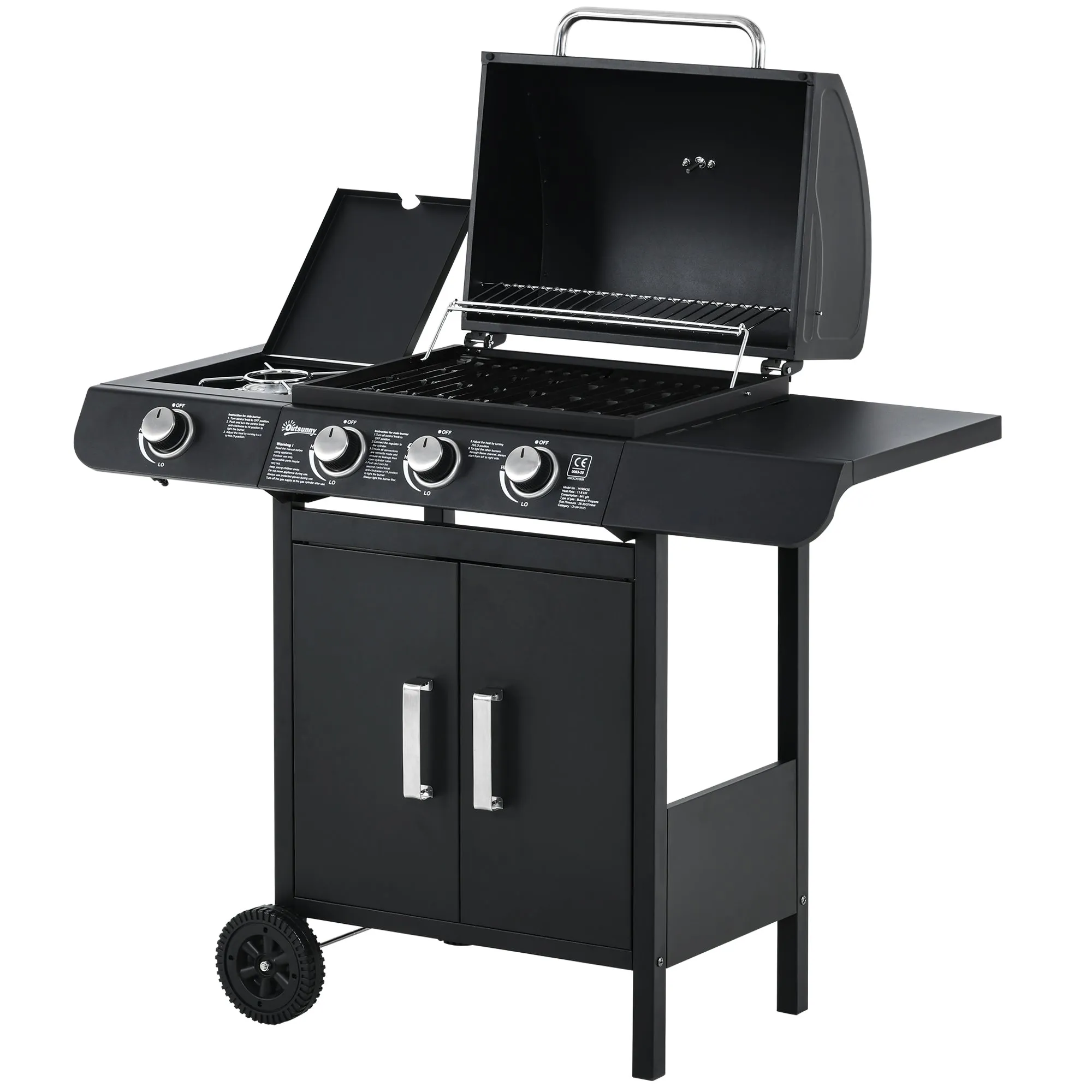 Gas Burner Barbecue Grill 3 1 Burner Garden BBQ Trolley w/ Side Burner Warming Rack Side Shelves Storage Cabinet Piezo Ignition Thermometer 110x50x100cm