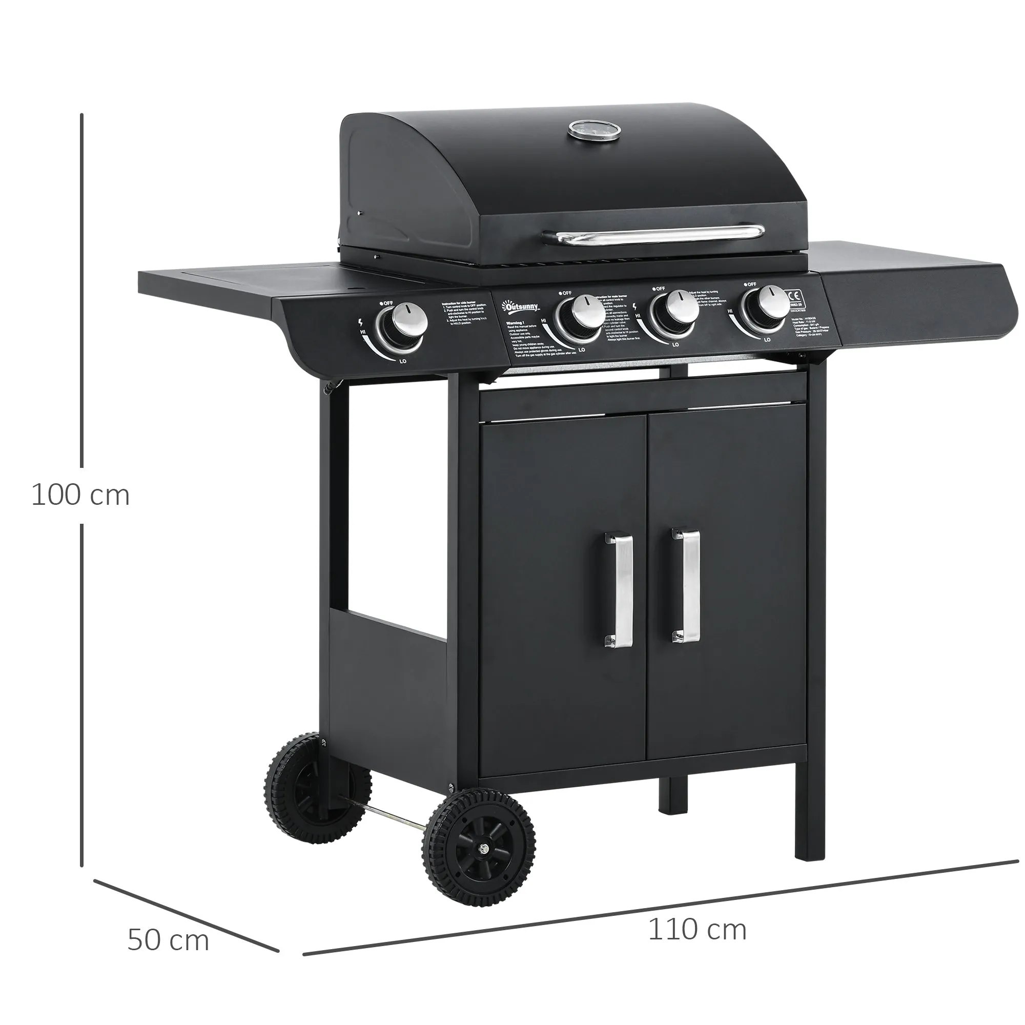 Gas Burner Barbecue Grill 3 1 Burner Garden BBQ Trolley w/ Side Burner Warming Rack Side Shelves Storage Cabinet Piezo Ignition Thermometer 110x50x100cm