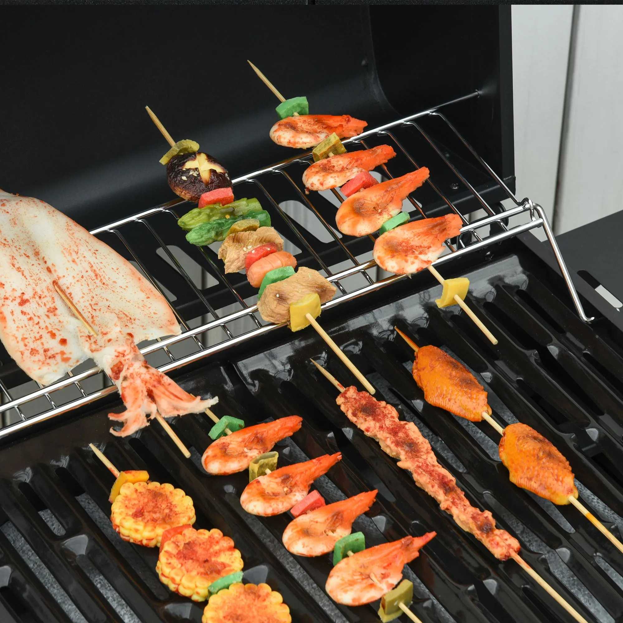 Gas Burner Barbecue Grill 3 1 Burner Garden BBQ Trolley w/ Side Burner Warming Rack Side Shelves Storage Cabinet Piezo Ignition Thermometer 110x50x100cm