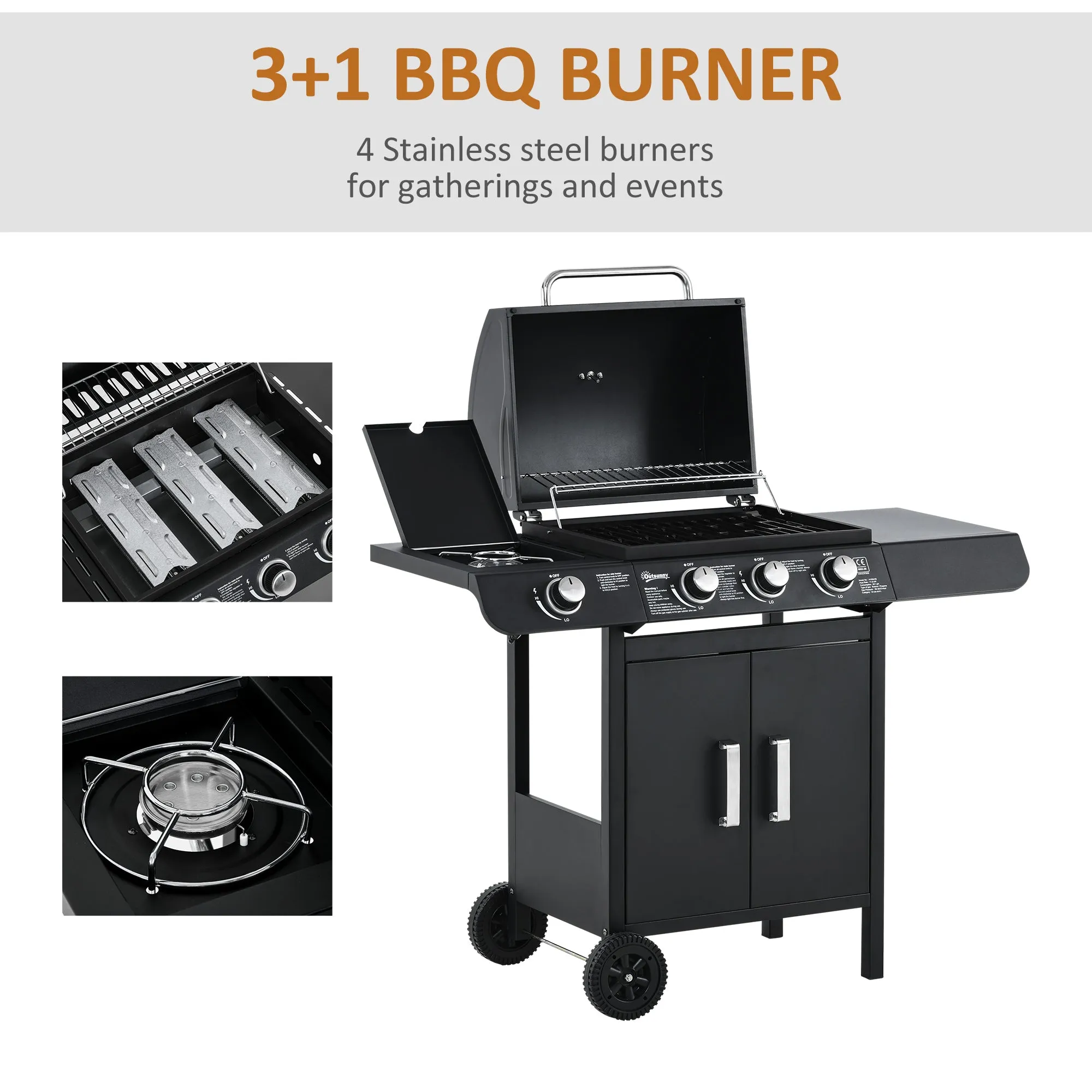 Gas Burner Barbecue Grill 3 1 Burner Garden BBQ Trolley w/ Side Burner Warming Rack Side Shelves Storage Cabinet Piezo Ignition Thermometer 110x50x100cm