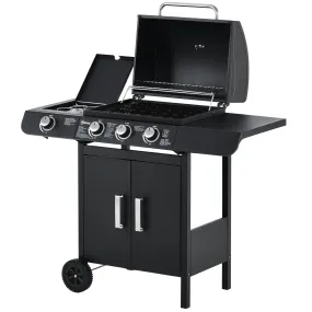 Gas Burner Barbecue Grill 3 1 Burner Garden BBQ Trolley w/ Side Burner Warming Rack Side Shelves Storage Cabinet Piezo Ignition Thermometer 110x50x100cm