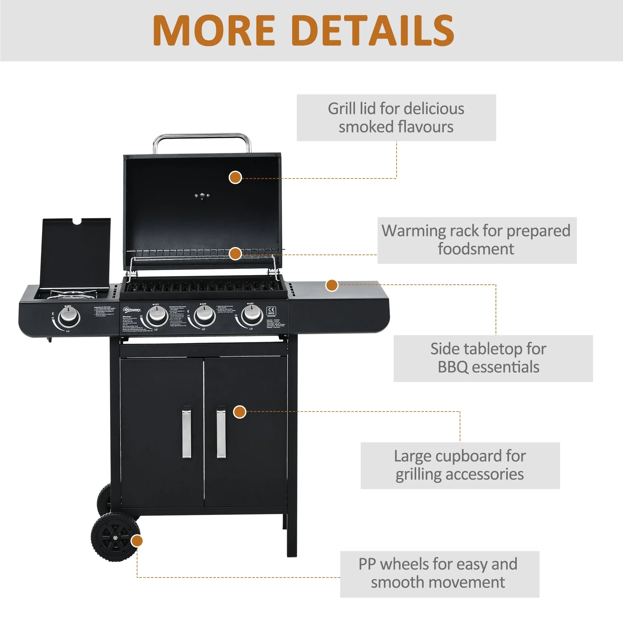 Gas Burner Barbecue Grill 3 1 Burner Garden BBQ Trolley w/ Side Burner Warming Rack Side Shelves Storage Cabinet Piezo Ignition Thermometer 110x50x100cm