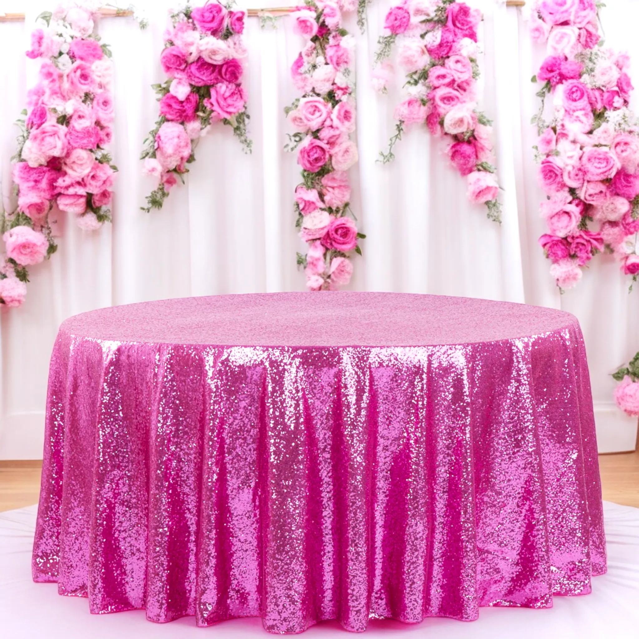 Glitz Sequins 132" Round Tablecloth - Fuchsia