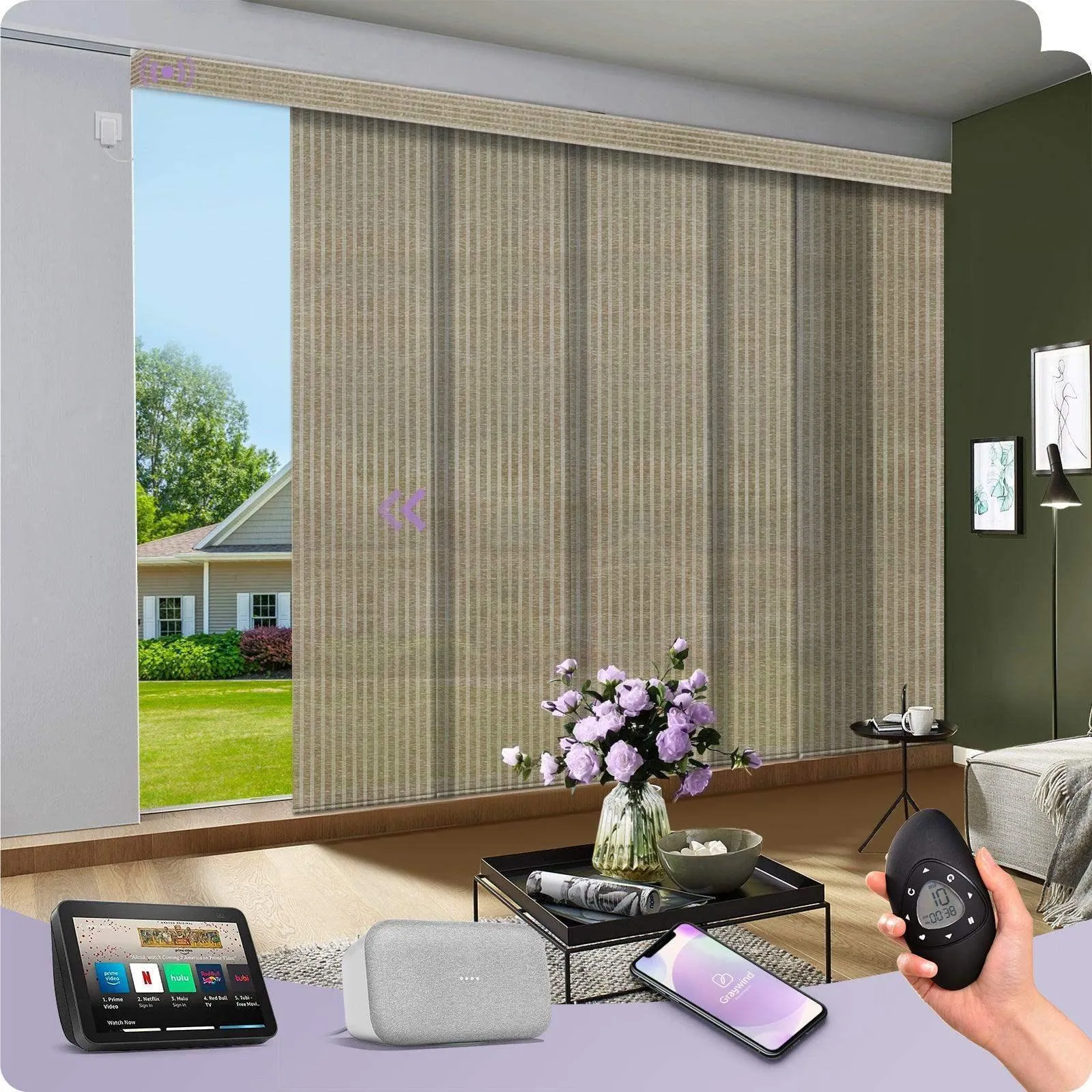 Graywind Hardwired Smart Light Filtering Panel Track Blinds | Natural Series | Custom Width to 177"
