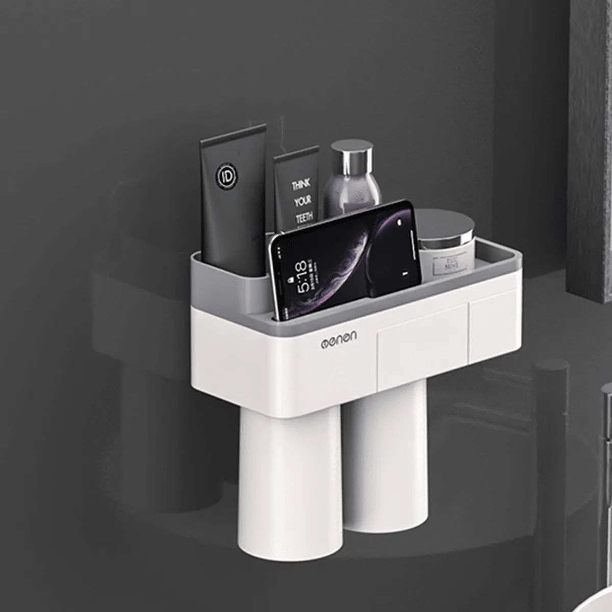 Grey Magnetic Toothbrush Holder Toothpaste Squeezer Dispenser Bathroom Storage 2/3 Cups