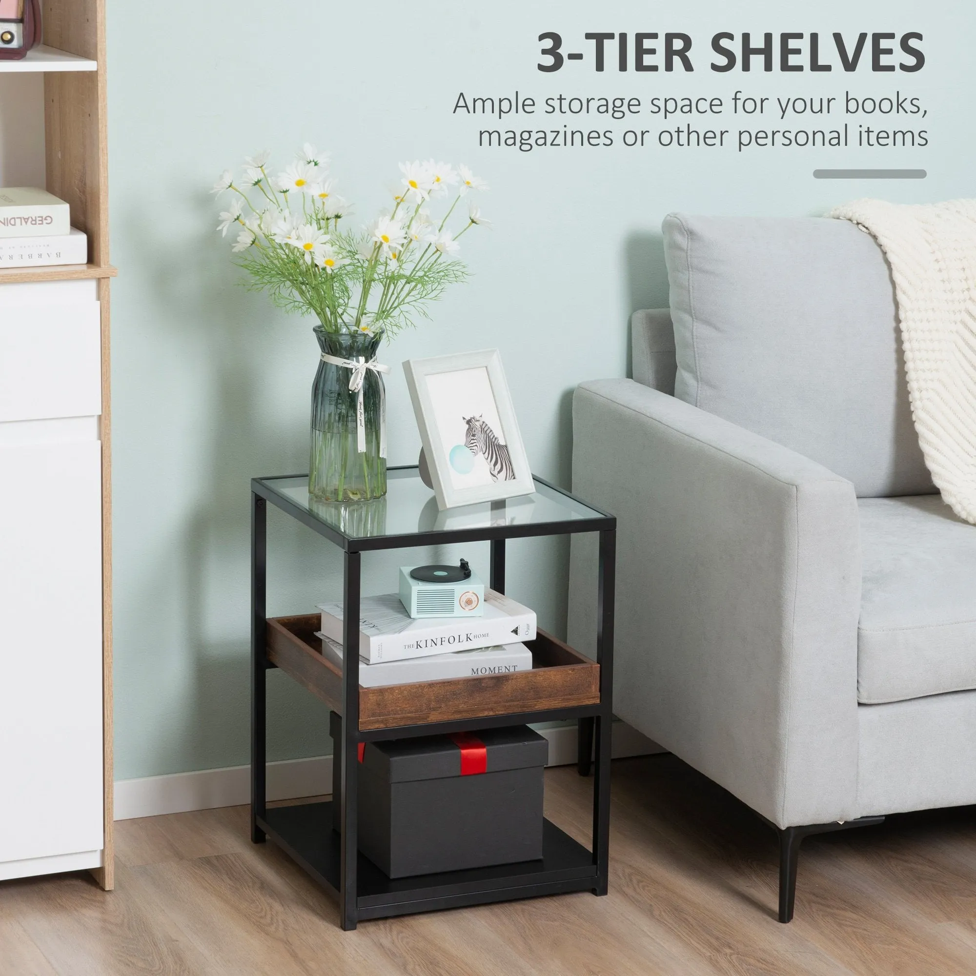 Industrial Side Table, 3-Tier End Table with Storage Shelves, Nightstand with Steel Frame for Bedroom, Living Room, Rustic Brown 3-tier