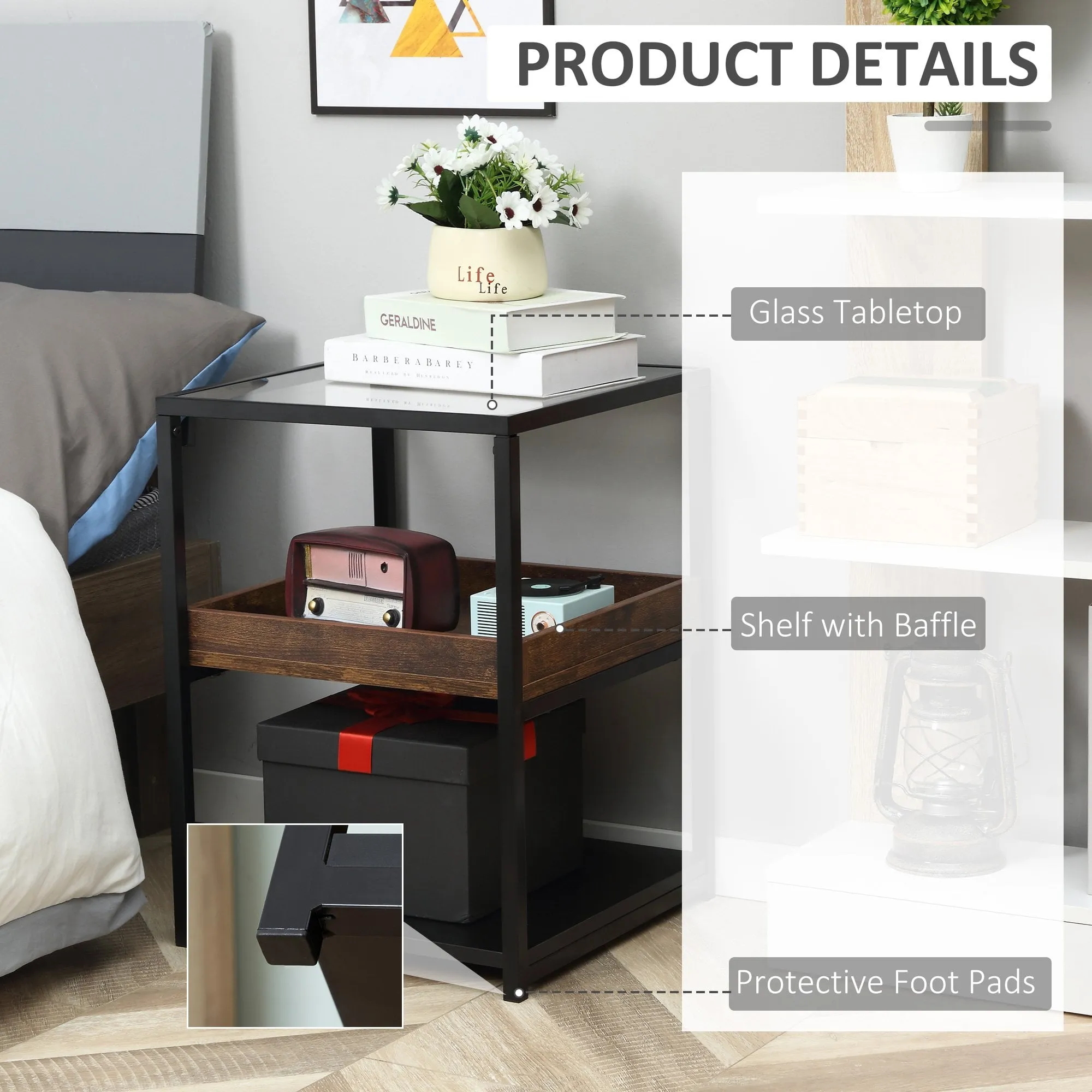 Industrial Side Table, 3-Tier End Table with Storage Shelves, Nightstand with Steel Frame for Bedroom, Living Room, Rustic Brown 3-tier