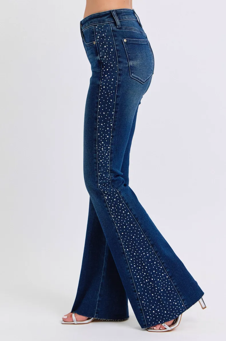 Judy Blue Mid Rise Rhinestone Side Panel Detail Flare Jeans