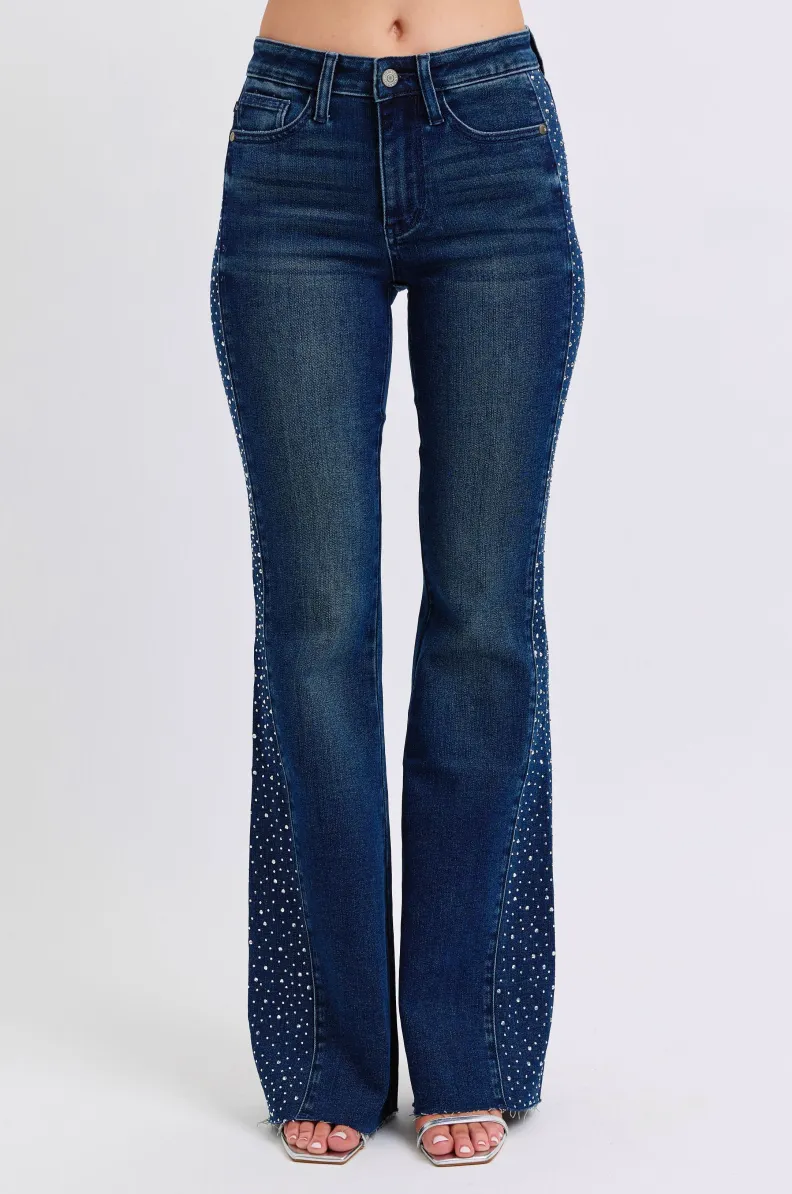 Judy Blue Mid Rise Rhinestone Side Panel Detail Flare Jeans
