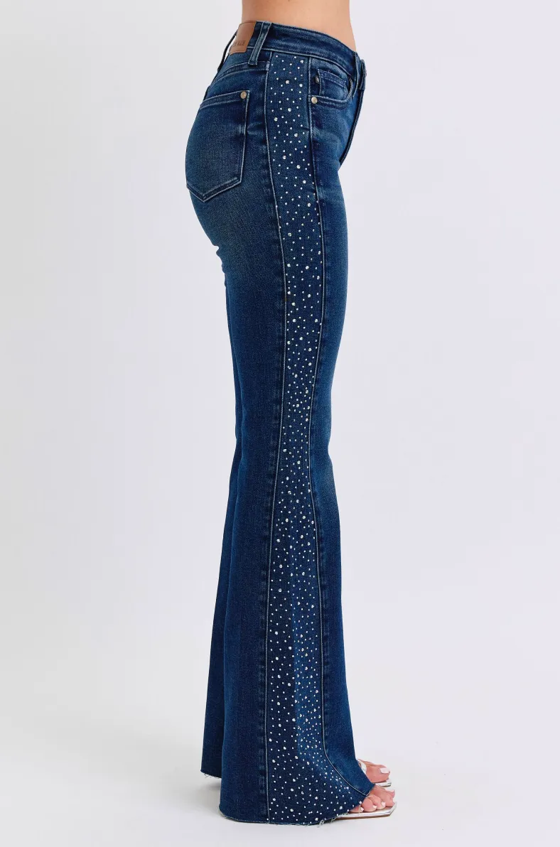 Judy Blue Mid Rise Rhinestone Side Panel Detail Flare Jeans