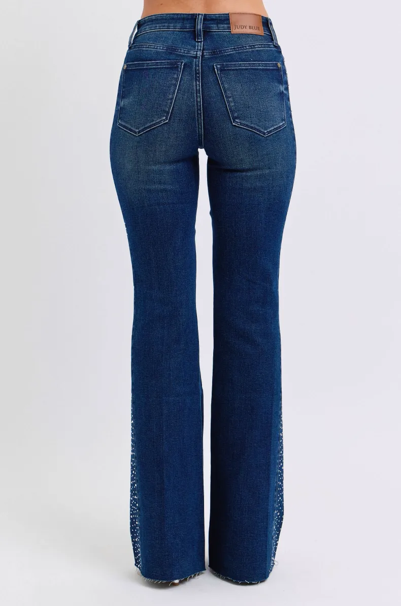 Judy Blue Mid Rise Rhinestone Side Panel Detail Flare Jeans