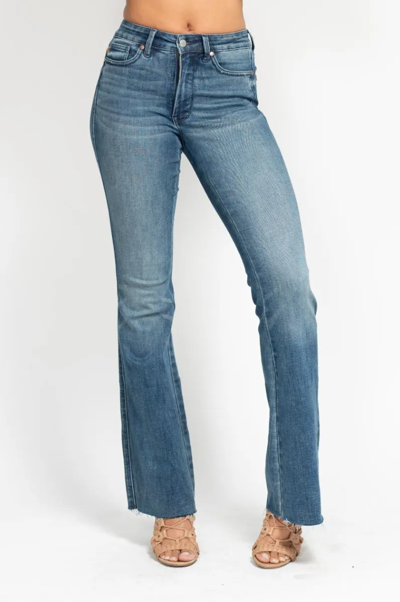 Judy Blue Mid Rise Tummy Control Vintage Wash Cut Hem Flare Jeans