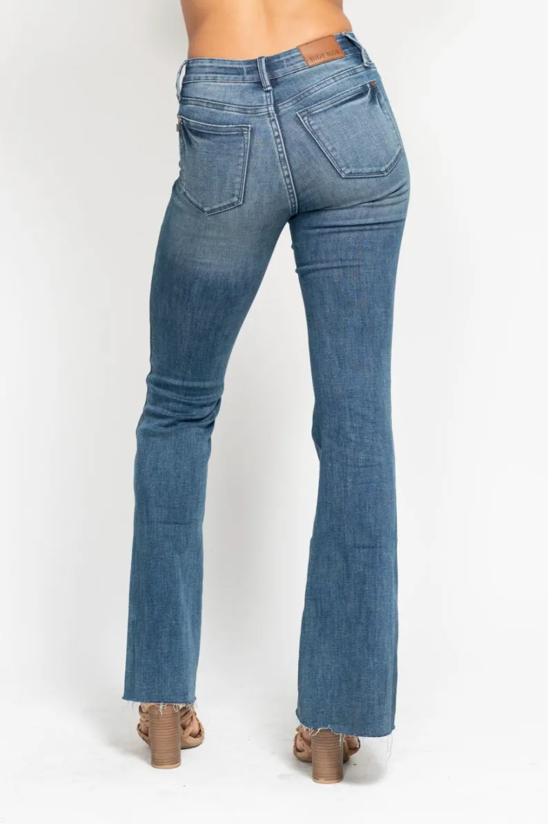 Judy Blue Mid Rise Tummy Control Vintage Wash Cut Hem Flare Jeans