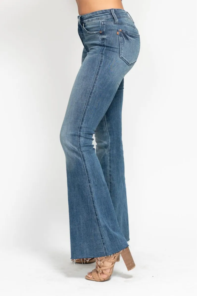 Judy Blue Mid Rise Tummy Control Vintage Wash Cut Hem Flare Jeans