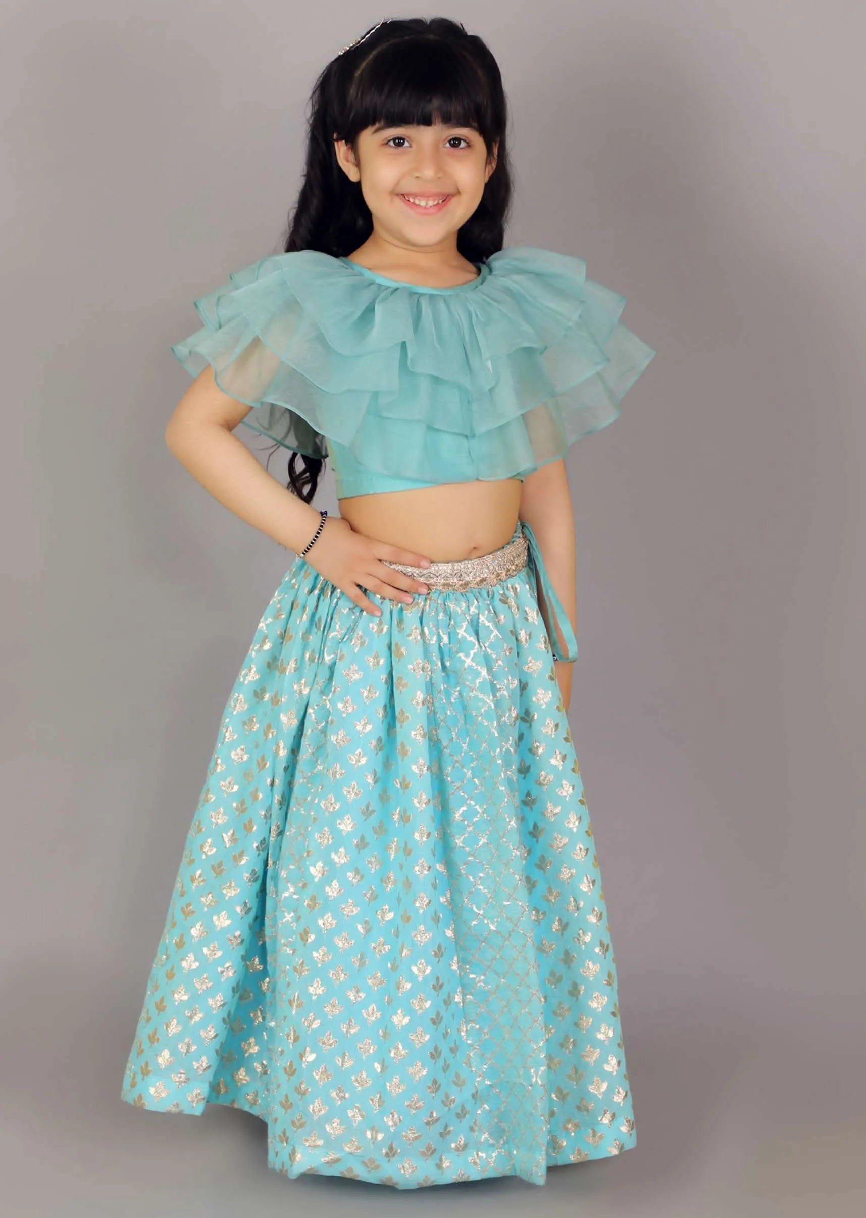 Kalki Girls Blue Lehenga And Crop Top With Organza Ruffles And Woven Design