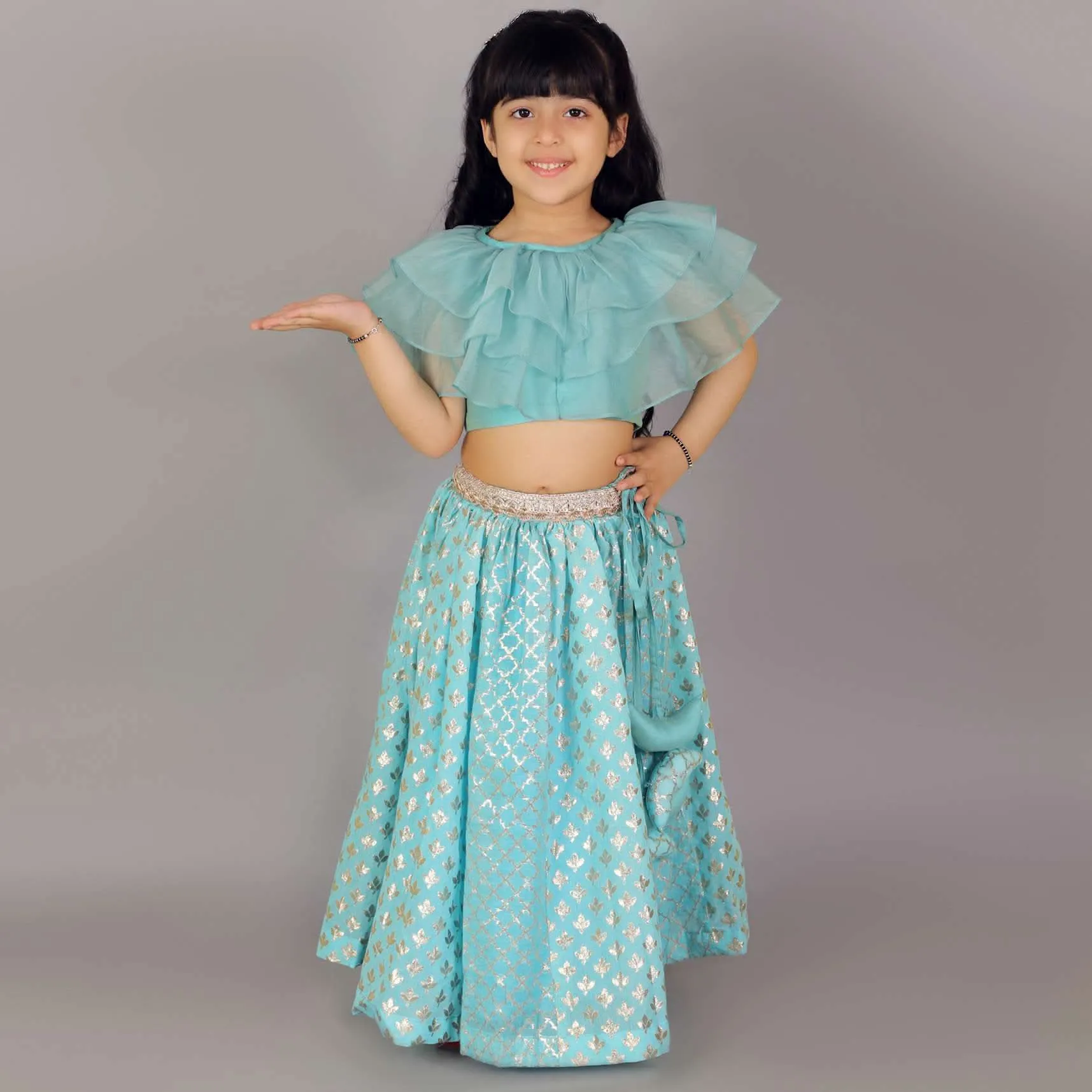 Kalki Girls Blue Lehenga And Crop Top With Organza Ruffles And Woven Design