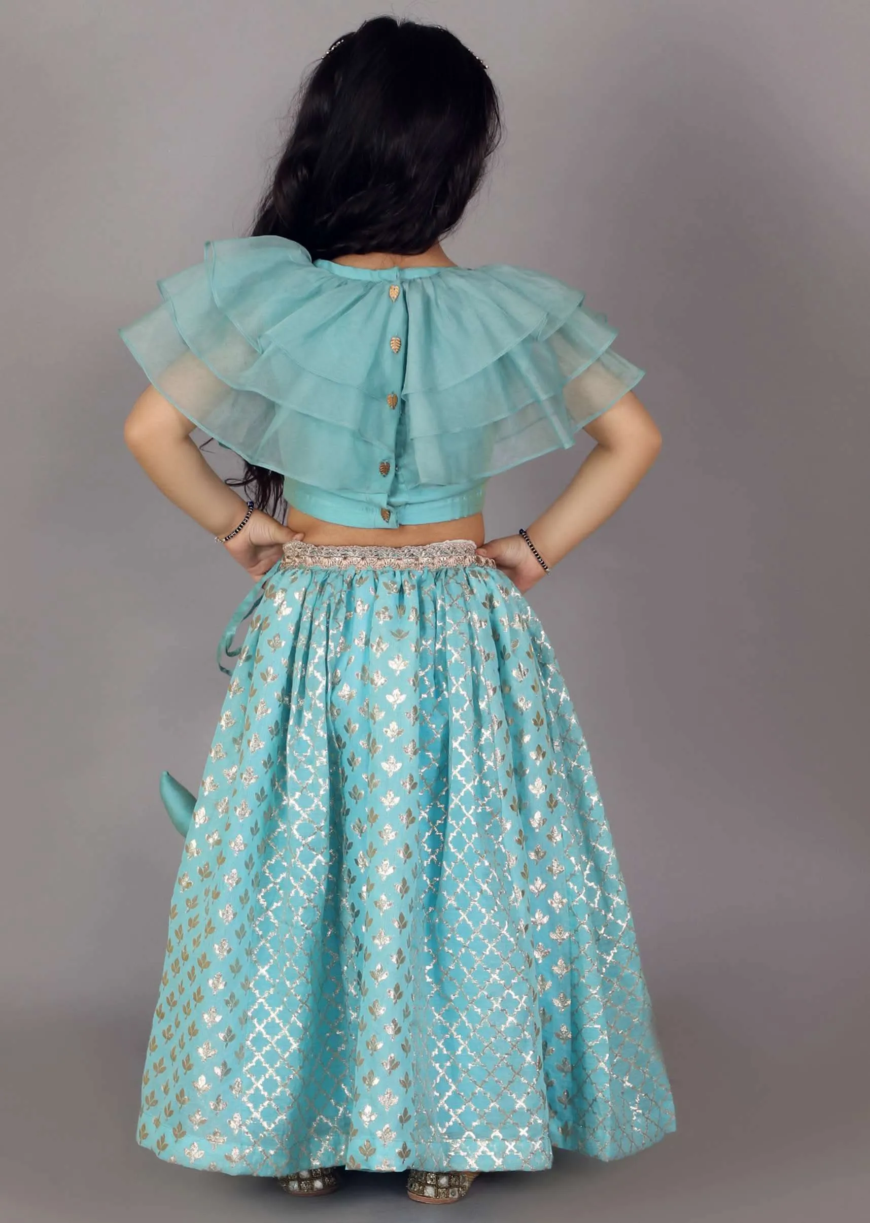 Kalki Girls Blue Lehenga And Crop Top With Organza Ruffles And Woven Design