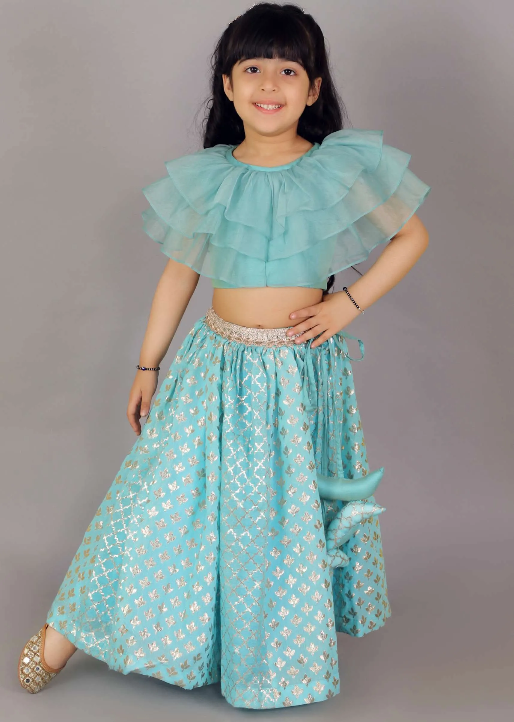 Kalki Girls Blue Lehenga And Crop Top With Organza Ruffles And Woven Design