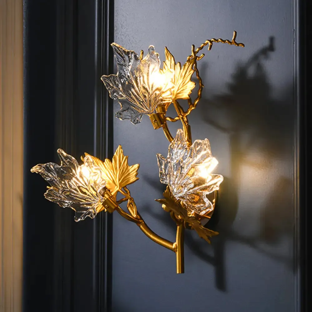 Maple Leaf Wall Lamp - 3-Light Clear Textured Glass Sconce in Gold for Bedroom