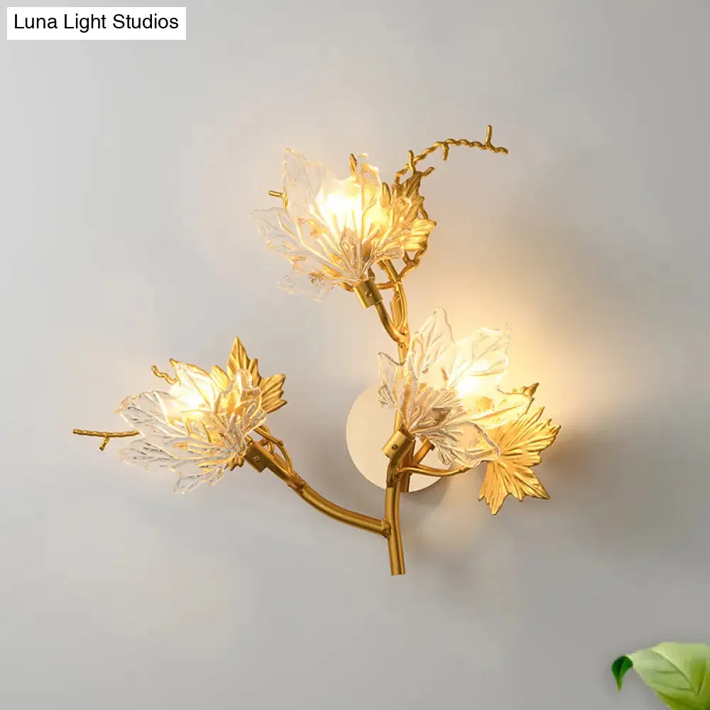 Maple Leaf Wall Lamp - 3-Light Clear Textured Glass Sconce in Gold for Bedroom