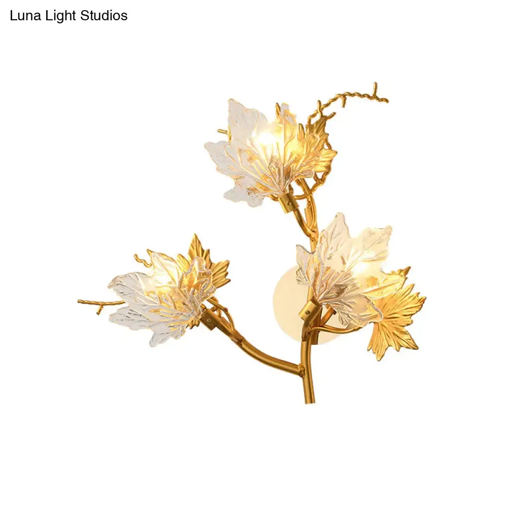 Maple Leaf Wall Lamp - 3-Light Clear Textured Glass Sconce in Gold for Bedroom