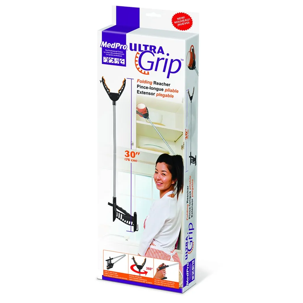 MedPro  Ultra Grip Folding Reacher Extender with Rubberized Clamp, Reach Assist Tool for Picking Up Objects