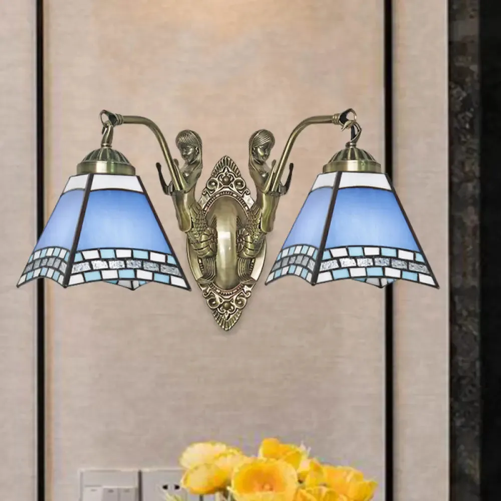 Mission Style 2-Light Blue Wall Mount with Hand Cut Swallowtail Glass and Mermaid Arm for Bedroom Lighting