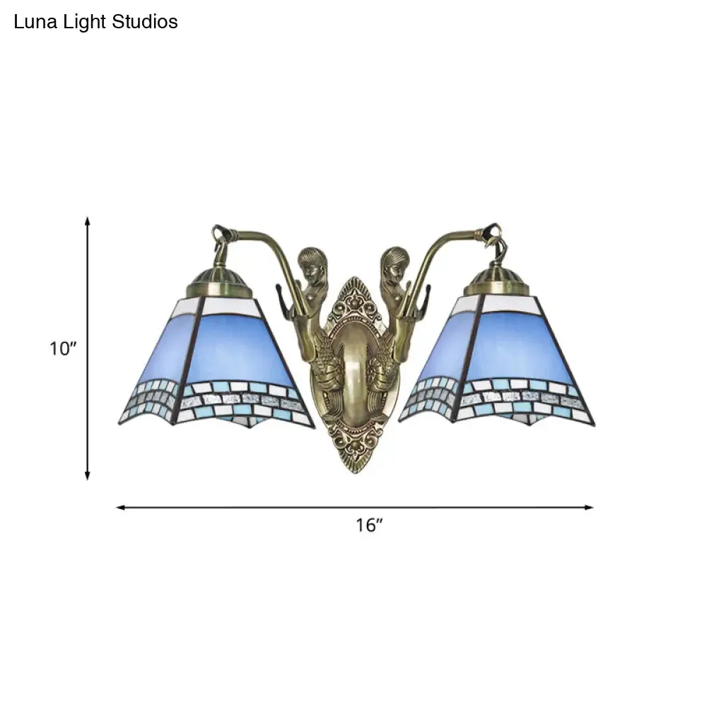 Mission Style 2-Light Blue Wall Mount with Hand Cut Swallowtail Glass and Mermaid Arm for Bedroom Lighting