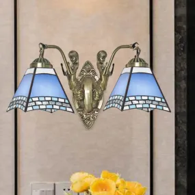 Mission Style 2-Light Blue Wall Mount with Hand Cut Swallowtail Glass and Mermaid Arm for Bedroom Lighting