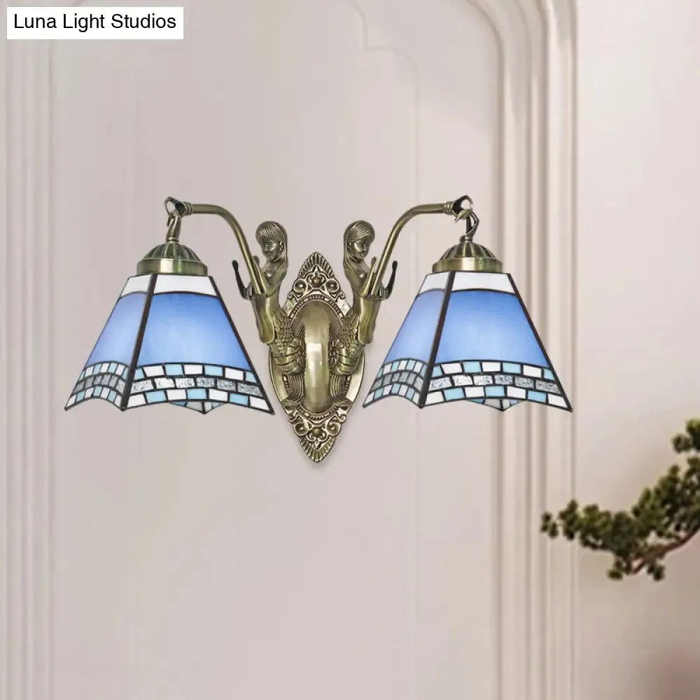 Mission Style 2-Light Blue Wall Mount with Hand Cut Swallowtail Glass and Mermaid Arm for Bedroom Lighting