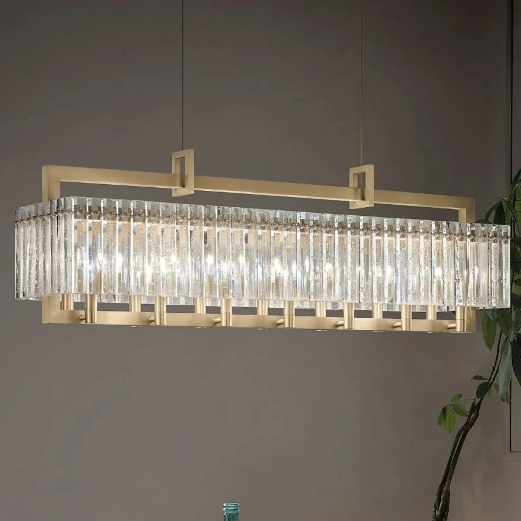 Modern Gold Chandelier With Glass Panels Inspired By Rock Crystal.
