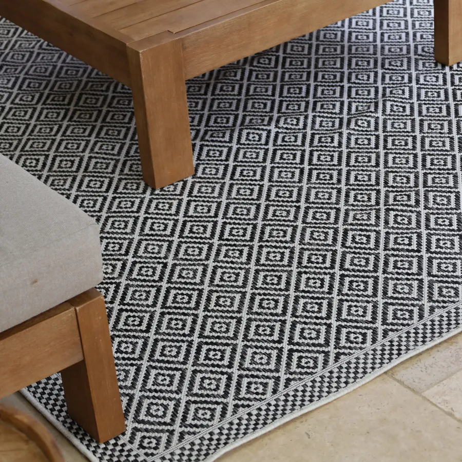 Moti Black and White Diamond Polypropylene Large Outdoor Rug