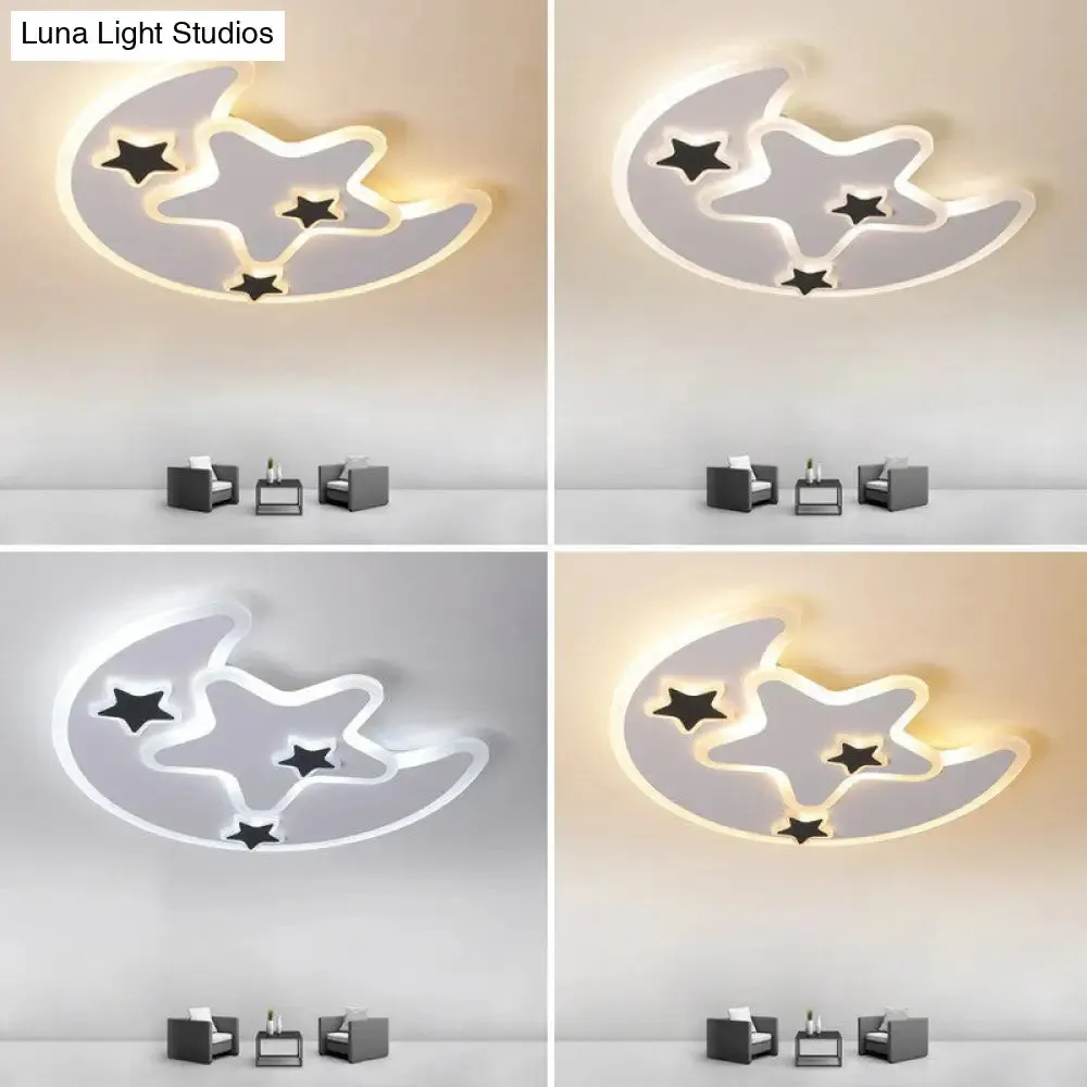 Nordic Crescent & Star LED Flush Mount Acrylic Ceiling Light - White