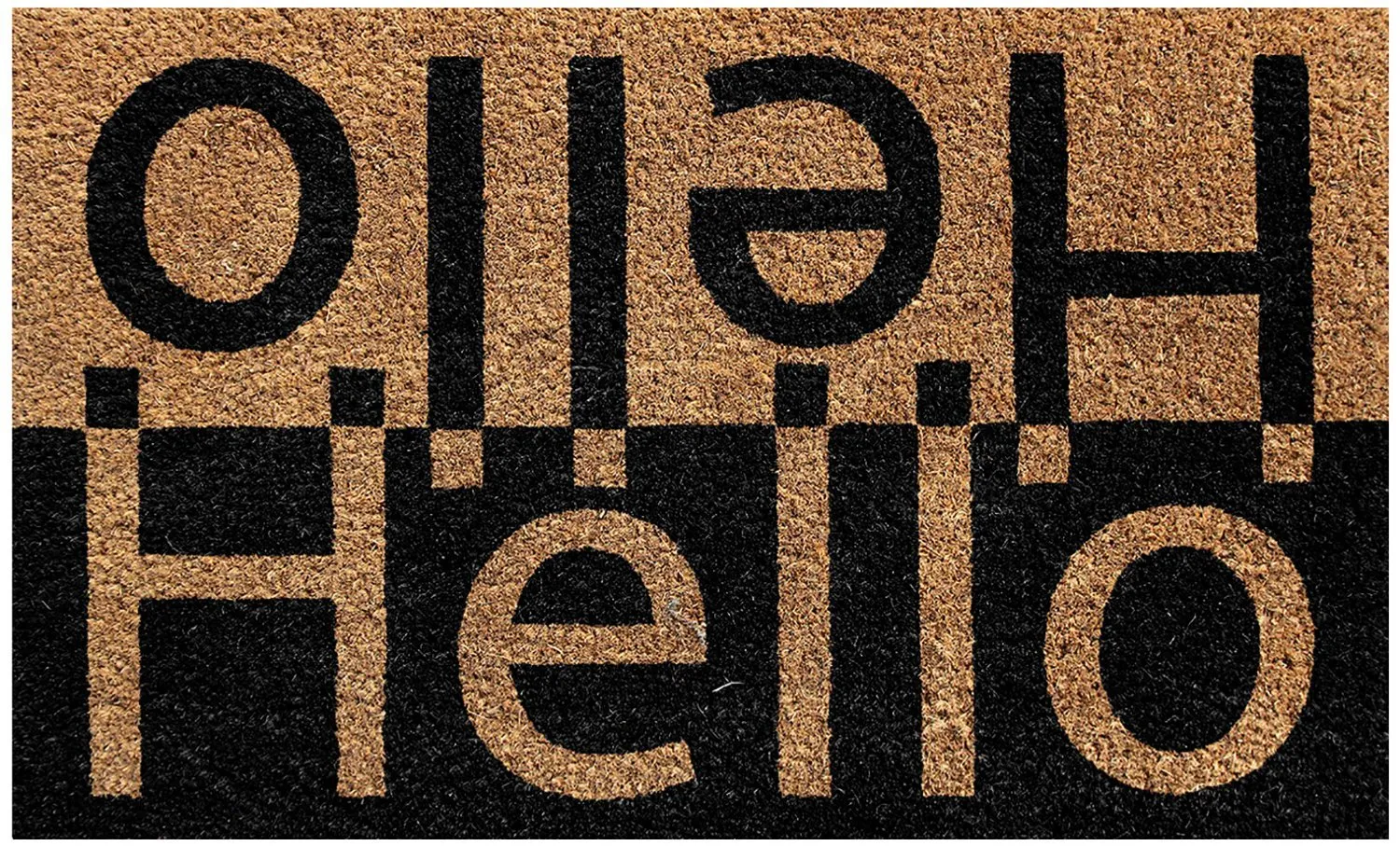 OnlyMat Elegant "Hello" Printed Black & Brown Natural Coir Door Mat