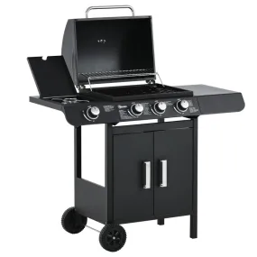 Outsunny Gas Burner Barbecue Grill 3 1 Burner Garden BBQ Trolley w/ Side Burner Warming Rack Side Shelves Storage Cabinet Piezo Ignition Thermometer 110x50x100cm