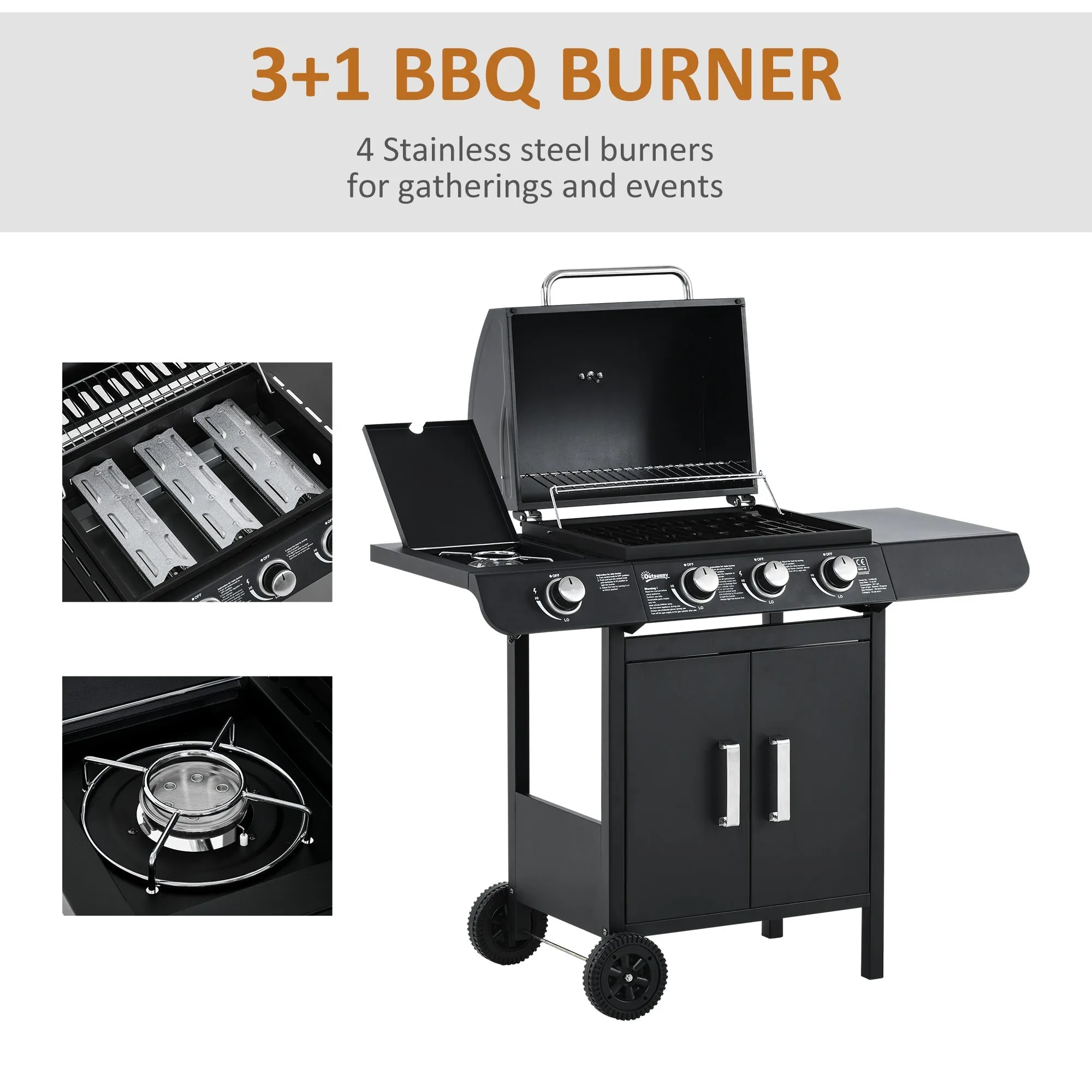 Outsunny Gas Burner Barbecue Grill 3 1 Burner Garden Bbq Trolley W/ Side Burner Warming Rack Side Shelves Storage Cabinet Piezo Ignition Thermometer 110X50X100cm