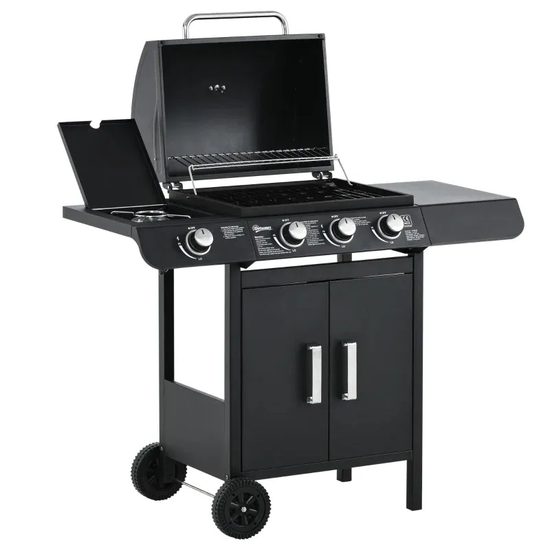 Outsunny Gas Burner Barbecue Grill 3 1 Burner Garden BBQ Trolley w/ Side Burner Warming Rack Side Shelves Storage Cabinet Piezo Ignition Thermometer 110x50x100cm