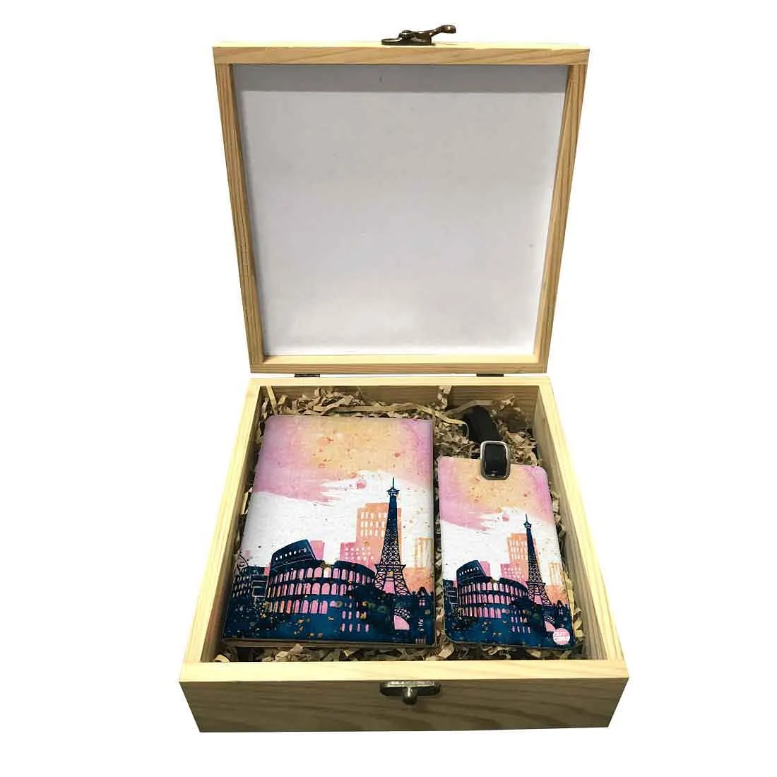 Passport Cover Luggage Tag Wooden Gift Box Set - City