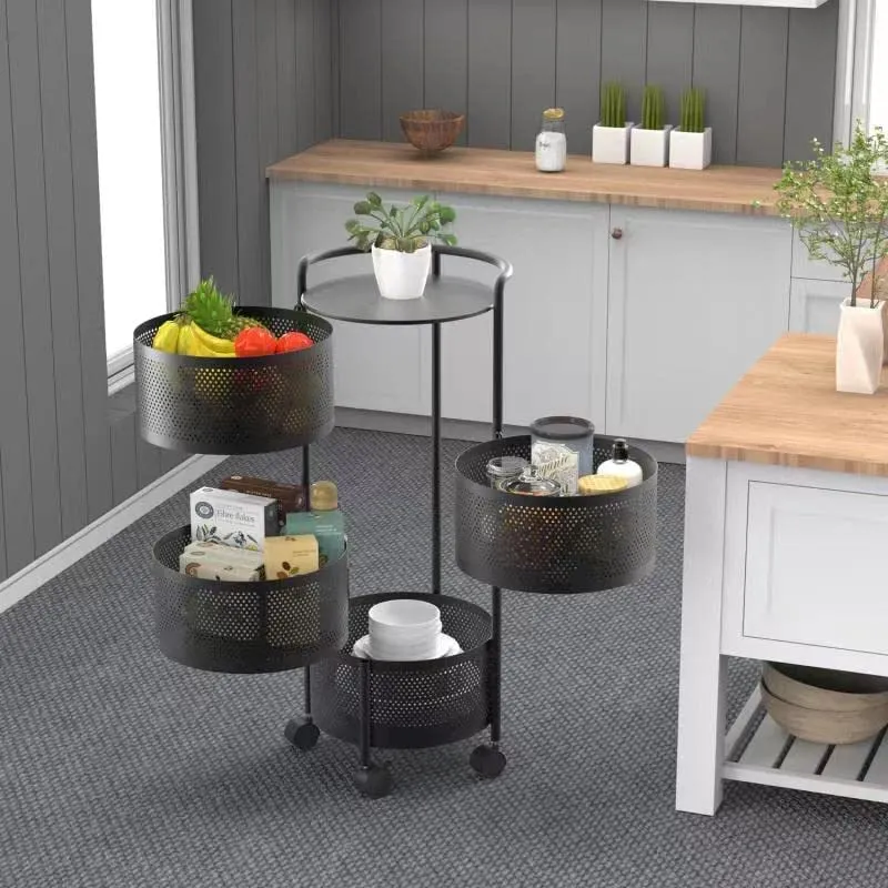 Plantex Kitchen Trolley with Wheels/Rotating Kitchen Storage Rack/Fruit Trolley for Kitchen/Kitchen Vegetable Storage Rack/Vegetable Basket for Kitchen Steel / (4-Tier, Black)