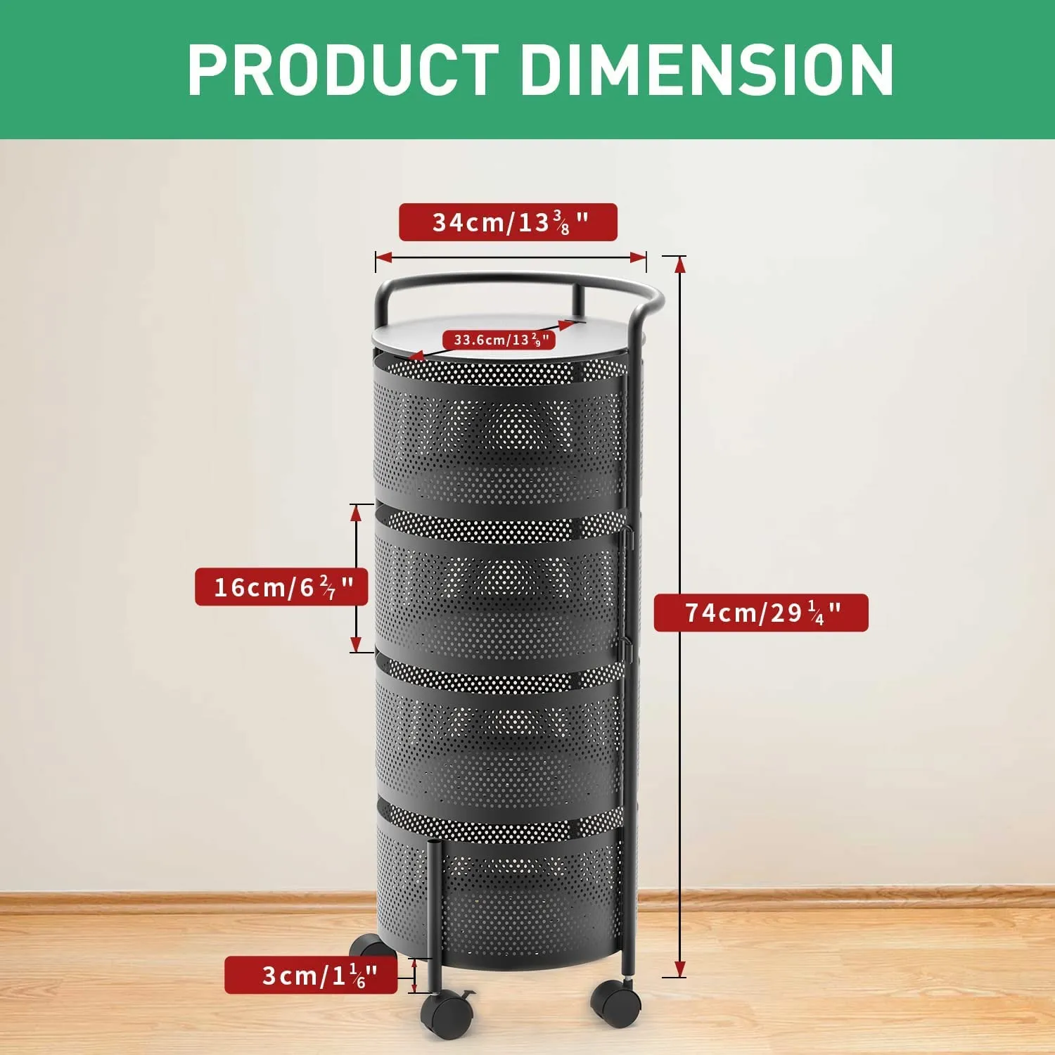 Plantex Kitchen Trolley with Wheels/Rotating Kitchen Storage Rack/Fruit Trolley for Kitchen/Kitchen Vegetable Storage Rack/Vegetable Basket for Kitchen Steel / (4-Tier, Black)