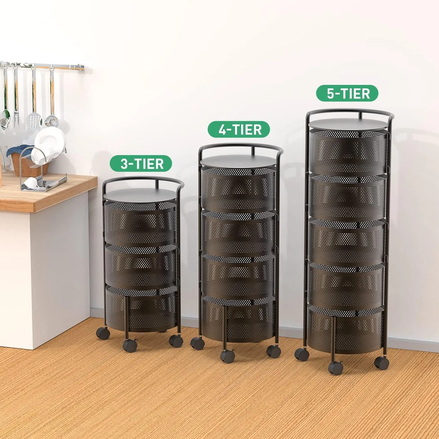 Plantex Kitchen Trolley with Wheels/Rotating Kitchen Storage Rack/Fruit Trolley for Kitchen/Kitchen Vegetable Storage Rack/Vegetable Basket for Kitchen Steel / (4-Tier, Black)