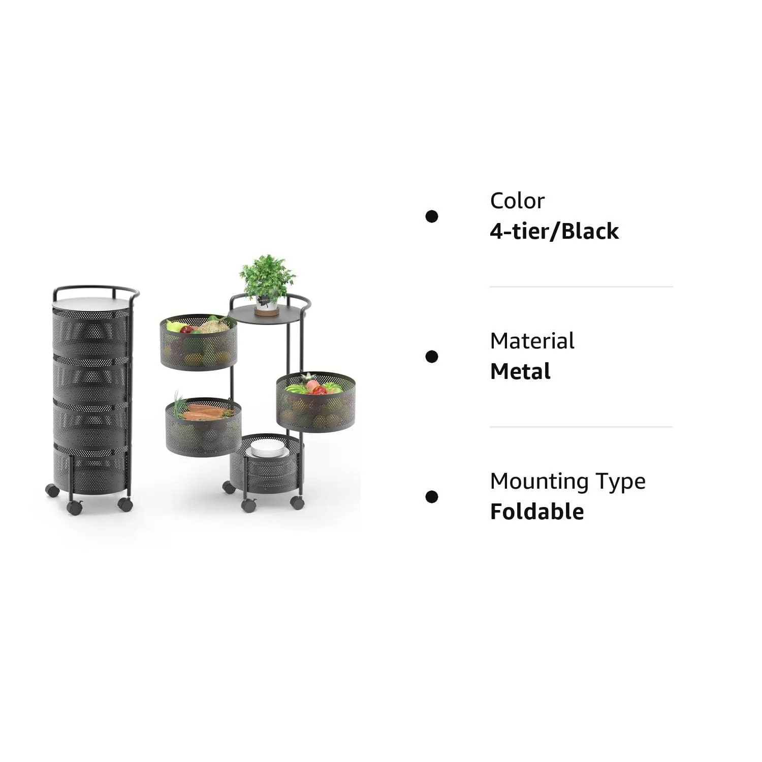Plantex Kitchen Trolley with Wheels/Rotating Kitchen Storage Rack/Fruit Trolley for Kitchen/Kitchen Vegetable Storage Rack/Vegetable Basket for Kitchen Steel / (4-Tier, Black)
