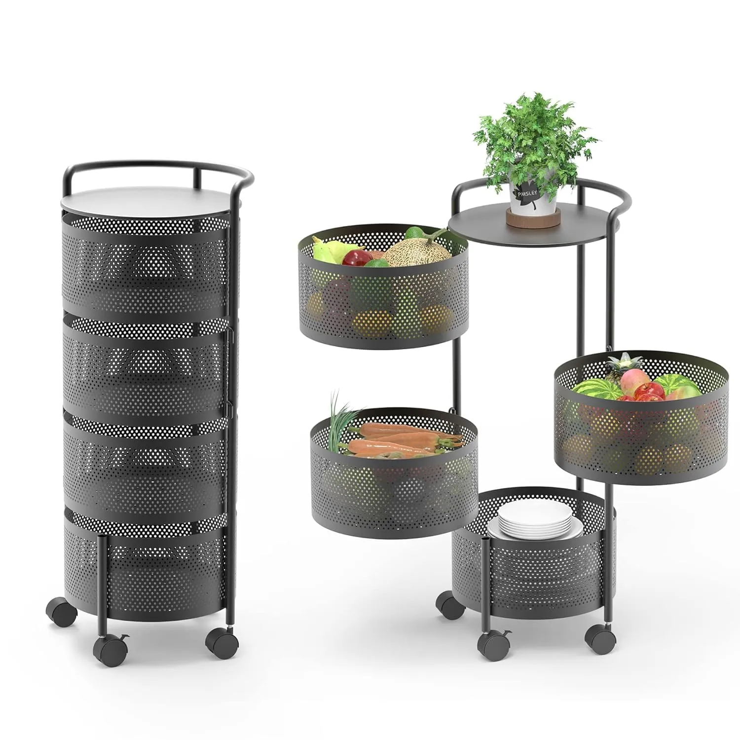 Plantex Kitchen Trolley with Wheels/Rotating Kitchen Storage Rack/Fruit Trolley for Kitchen/Kitchen Vegetable Storage Rack/Vegetable Basket for Kitchen Steel / (4-Tier, Black)