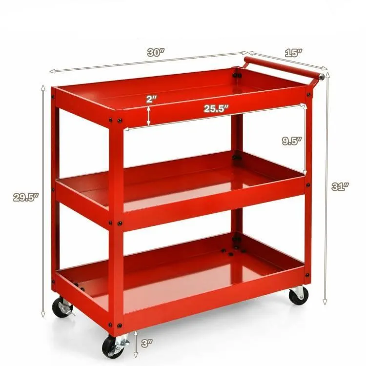 Red Steel Frame Kitchen Cart on Wheels with 2 Bottom Shelves