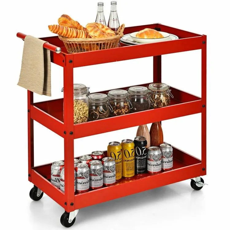 Red Steel Frame Kitchen Cart on Wheels with 2 Bottom Shelves