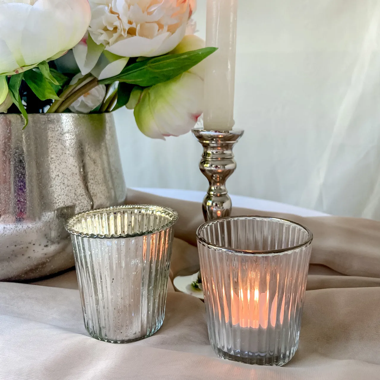 Ribbed Mercury Glass Tea Light Holders Silver
