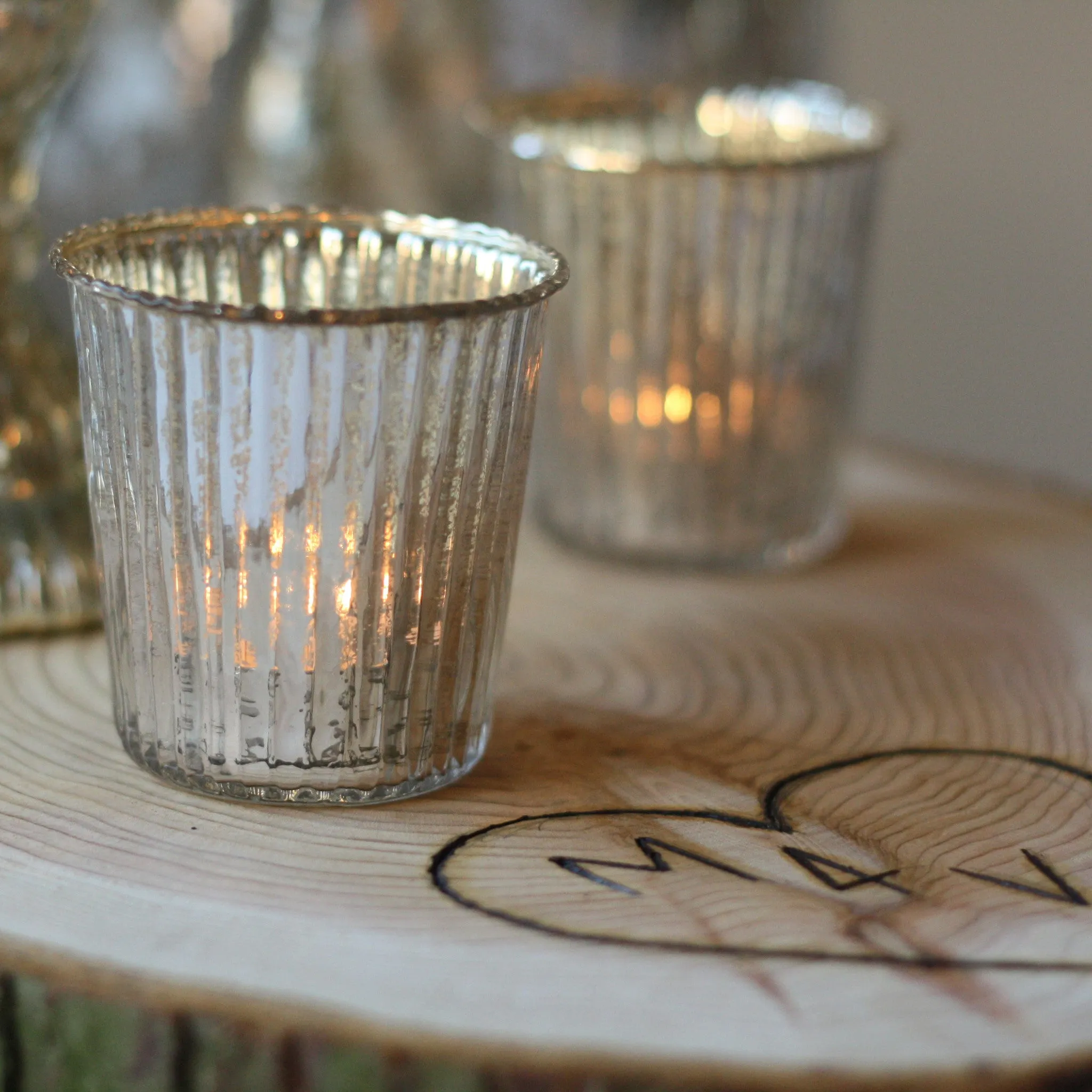Ribbed Mercury Glass Tea Light Holders Silver