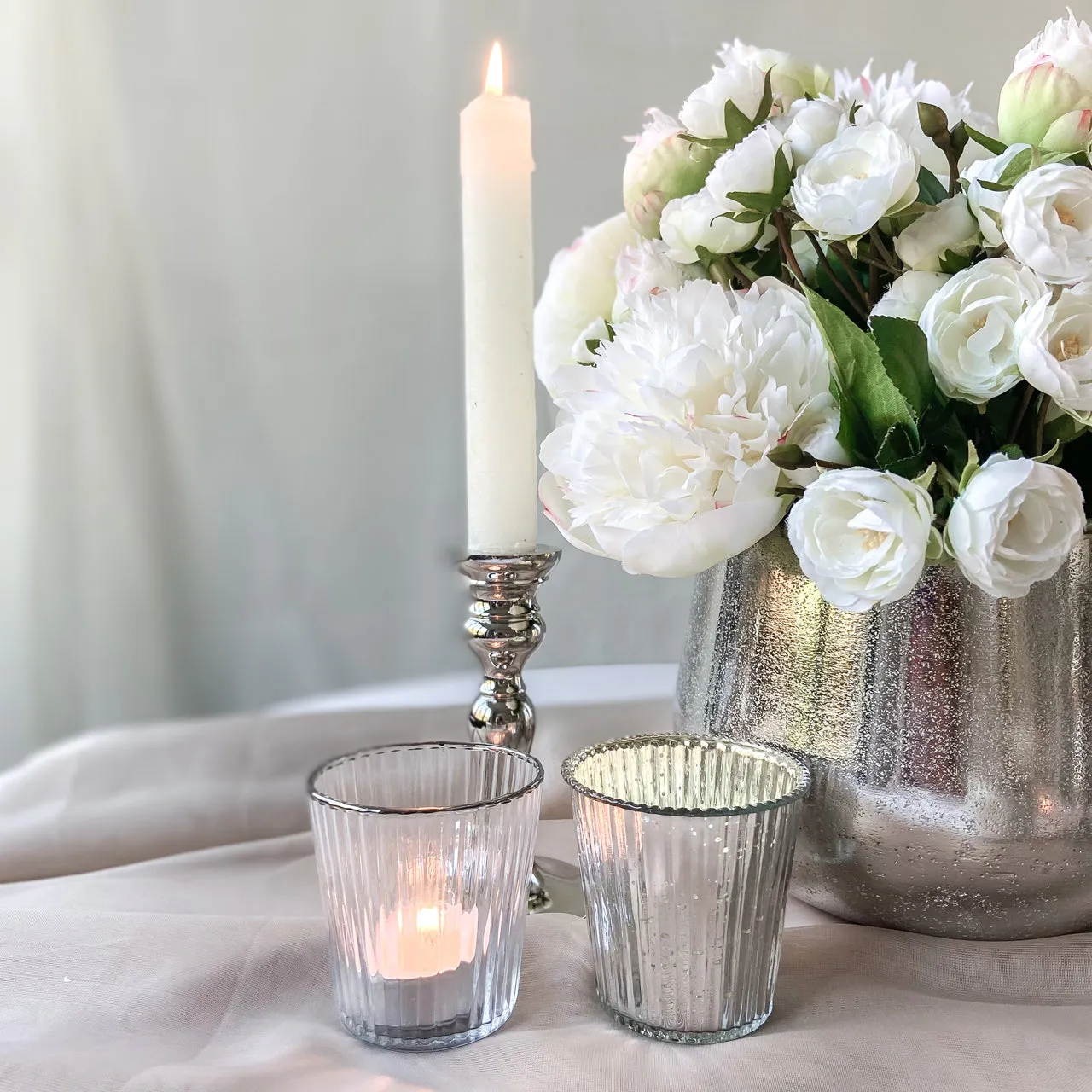 Ribbed Mercury Glass Tea Light Holders Silver