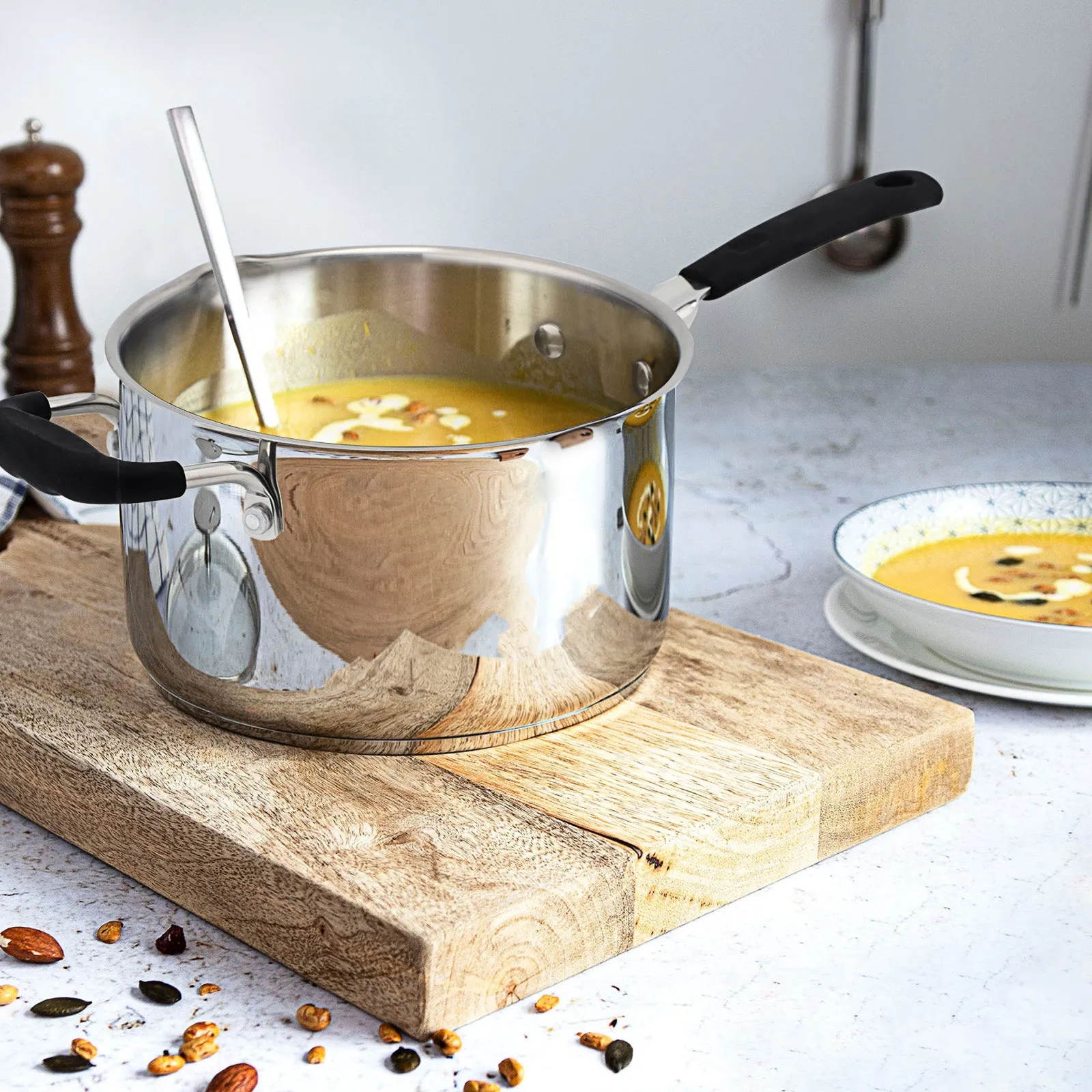 Rorence Stainless Steel Saucepan Sauce Pan with Pour Spout & Glass Lid with Two Side Spouts, Strainer Glass Lid - 3.7 Quart
